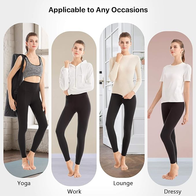 Four examples of wearing leggings: for yoga, work, lounge, and dressy occasions